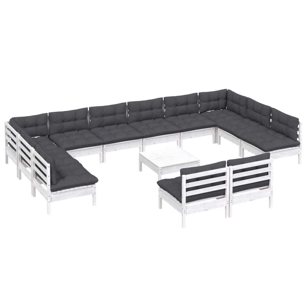 13-tlg. Garten-Lounge-Set mit Kissen Weiss Kiefer Massivholz